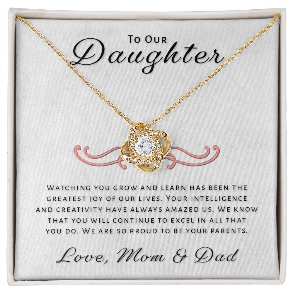 Gift for Daughter From Mom & Dad - Greatest Joy Love Knot Necklace