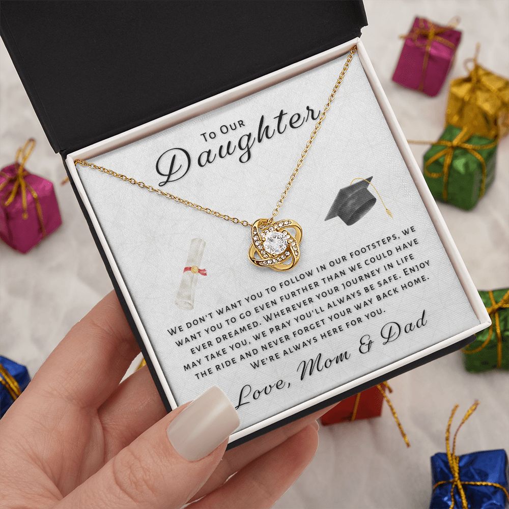 Gift For Daughter From Mom & Dad - Go Further Grad Love Knot Necklace