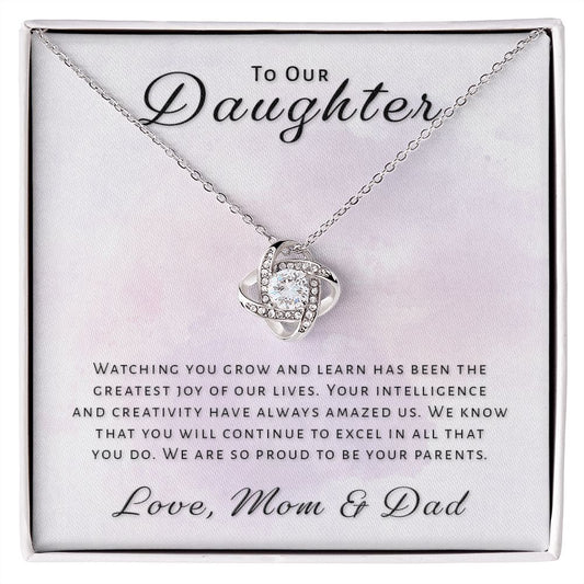 Gift for Daughter From Mom & Dad - Greatest Joy Love Knot Necklace