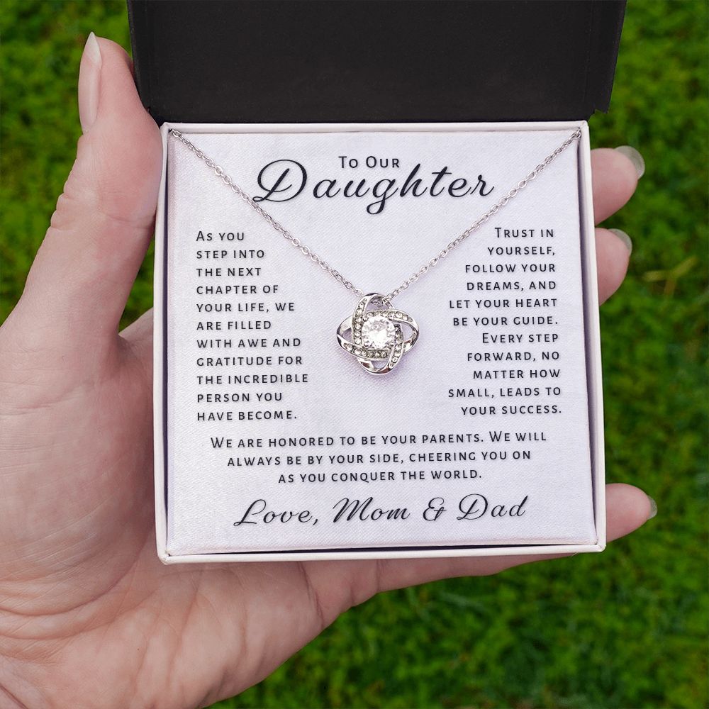 Gift For Daughter From Mom & Dad - Conquer The World Love Knot Necklace