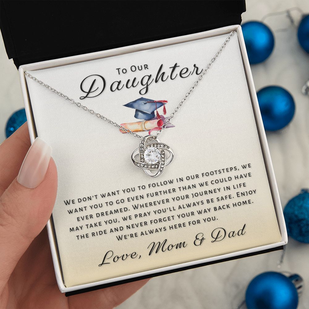 Gift For Daughter From Mom & Dad - Go Further Grad Love Knot Necklace