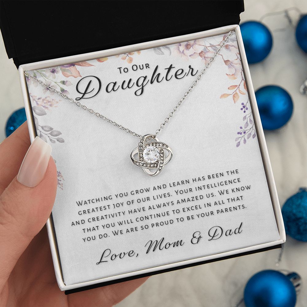 Gift for Daughter From Mom & Dad - Greatest Joy Love Knot Necklace