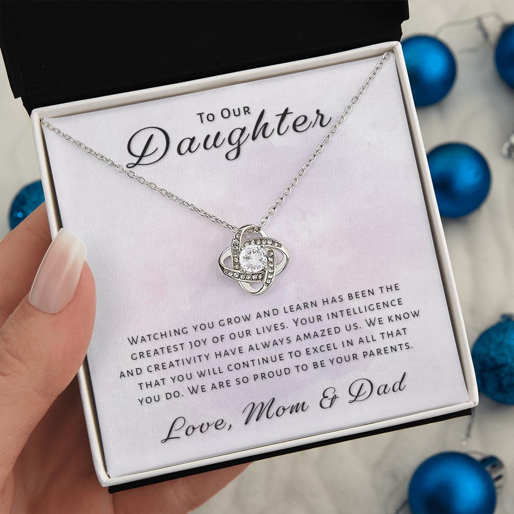 Gift for Daughter From Mom & Dad - Greatest Joy Love Knot Necklace