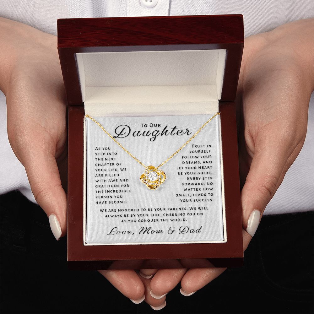 Gift For Daughter From Mom & Dad - Conquer The World Love Knot Necklace