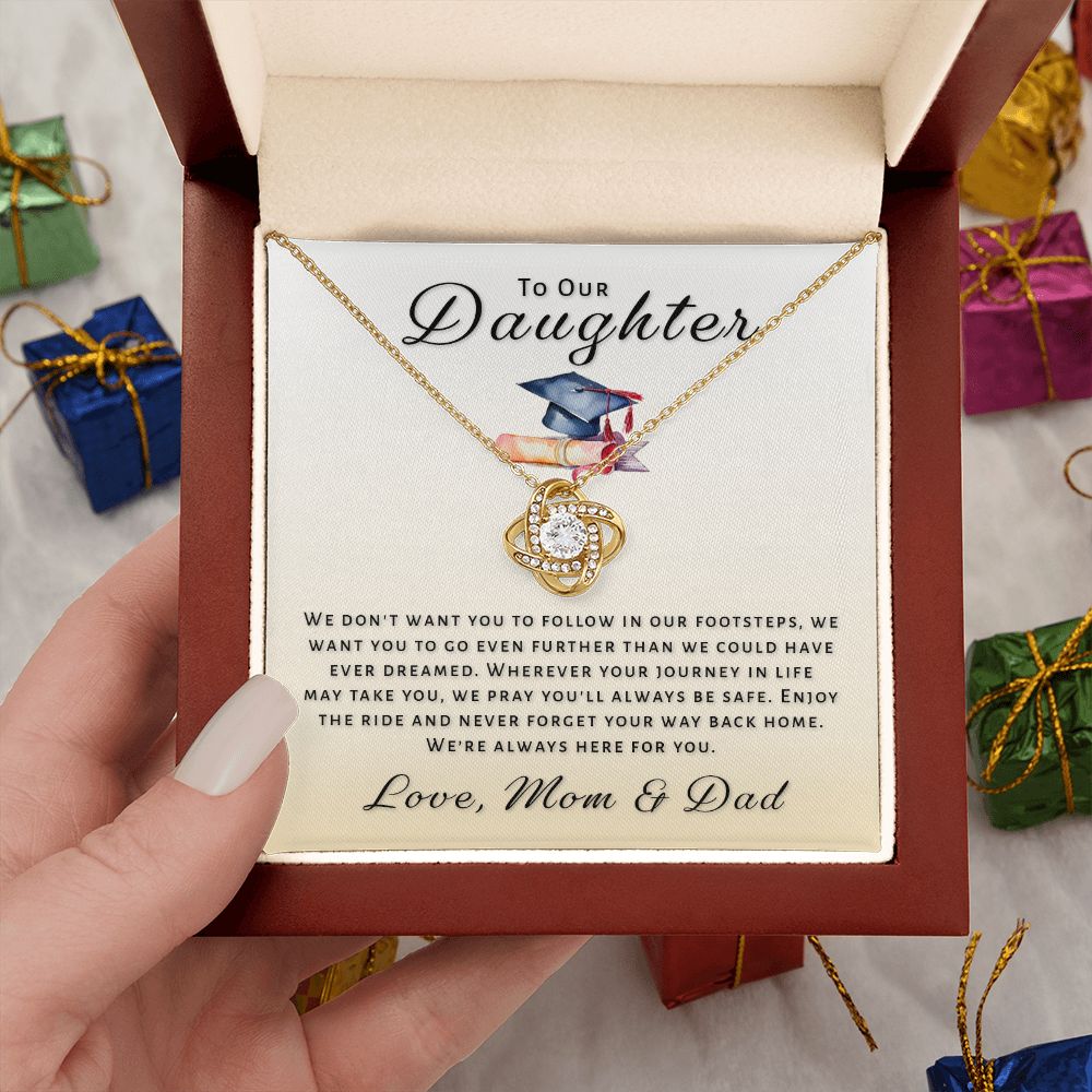 Gift For Daughter From Mom & Dad - Go Further Grad Love Knot Necklace