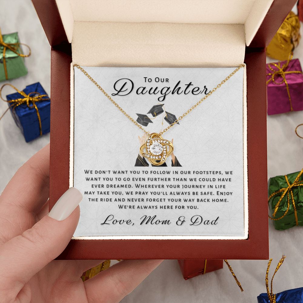 Gift For Daughter From Mom & Dad - Go Further Grad Love Knot Necklace