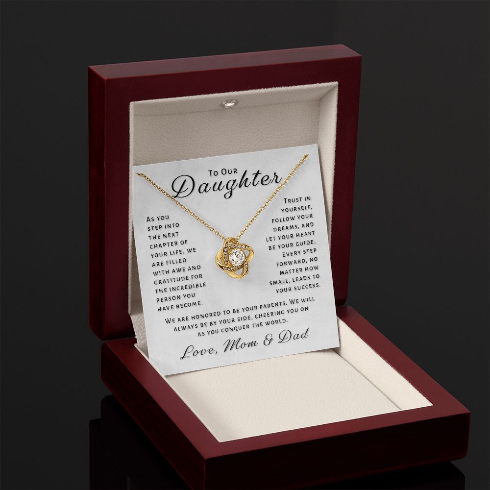 Gift For Daughter From Mom & Dad - Conquer The World Love Knot Necklace