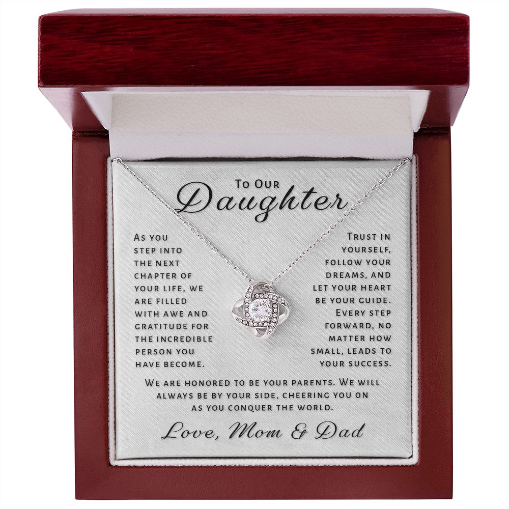 Gift For Daughter From Mom & Dad - Conquer The World Love Knot Necklace