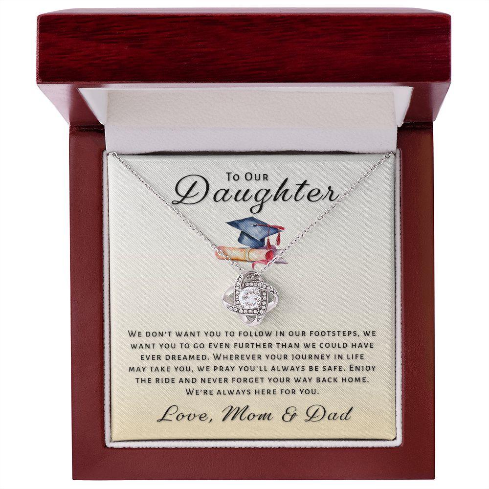 Gift For Daughter From Mom & Dad - Go Further Grad Love Knot Necklace