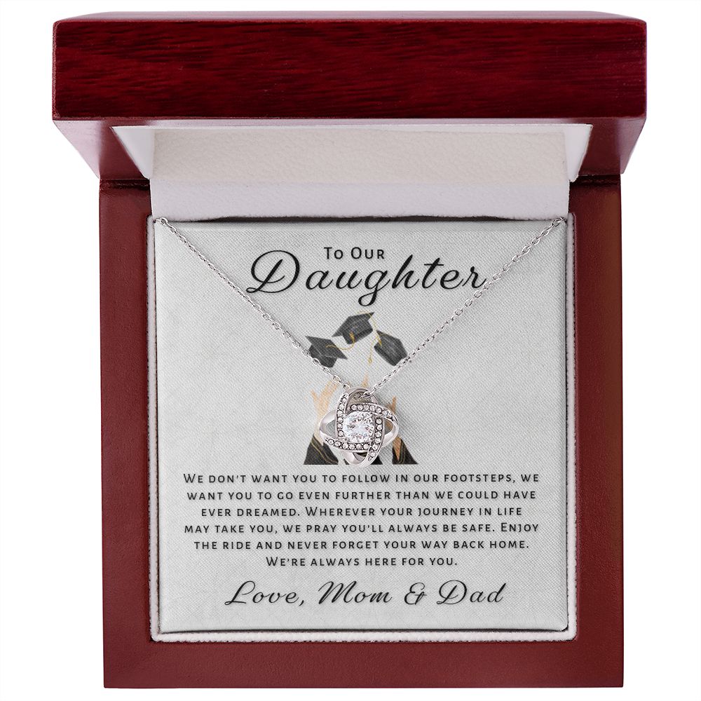 Gift For Daughter From Mom & Dad - Go Further Grad Love Knot Necklace