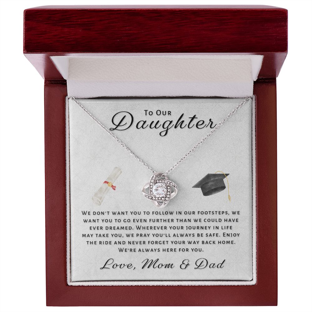 Gift For Daughter From Mom & Dad - Go Further Grad Love Knot Necklace