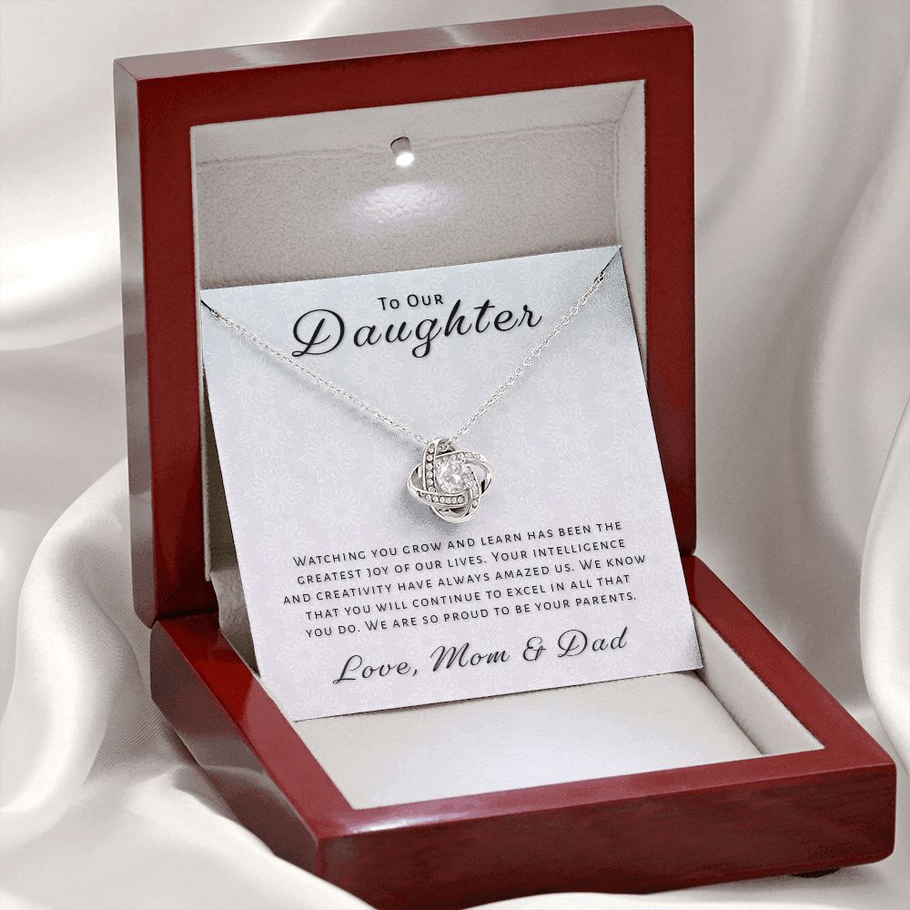 Gift for Daughter From Mom & Dad - Greatest Joy Love Knot Necklace