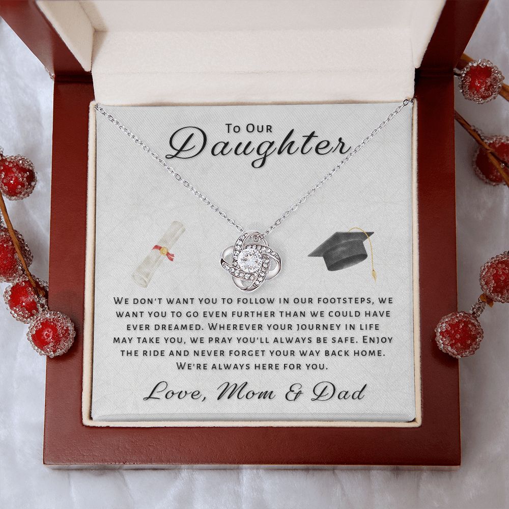 Gift For Daughter From Mom & Dad - Go Further Grad Love Knot Necklace