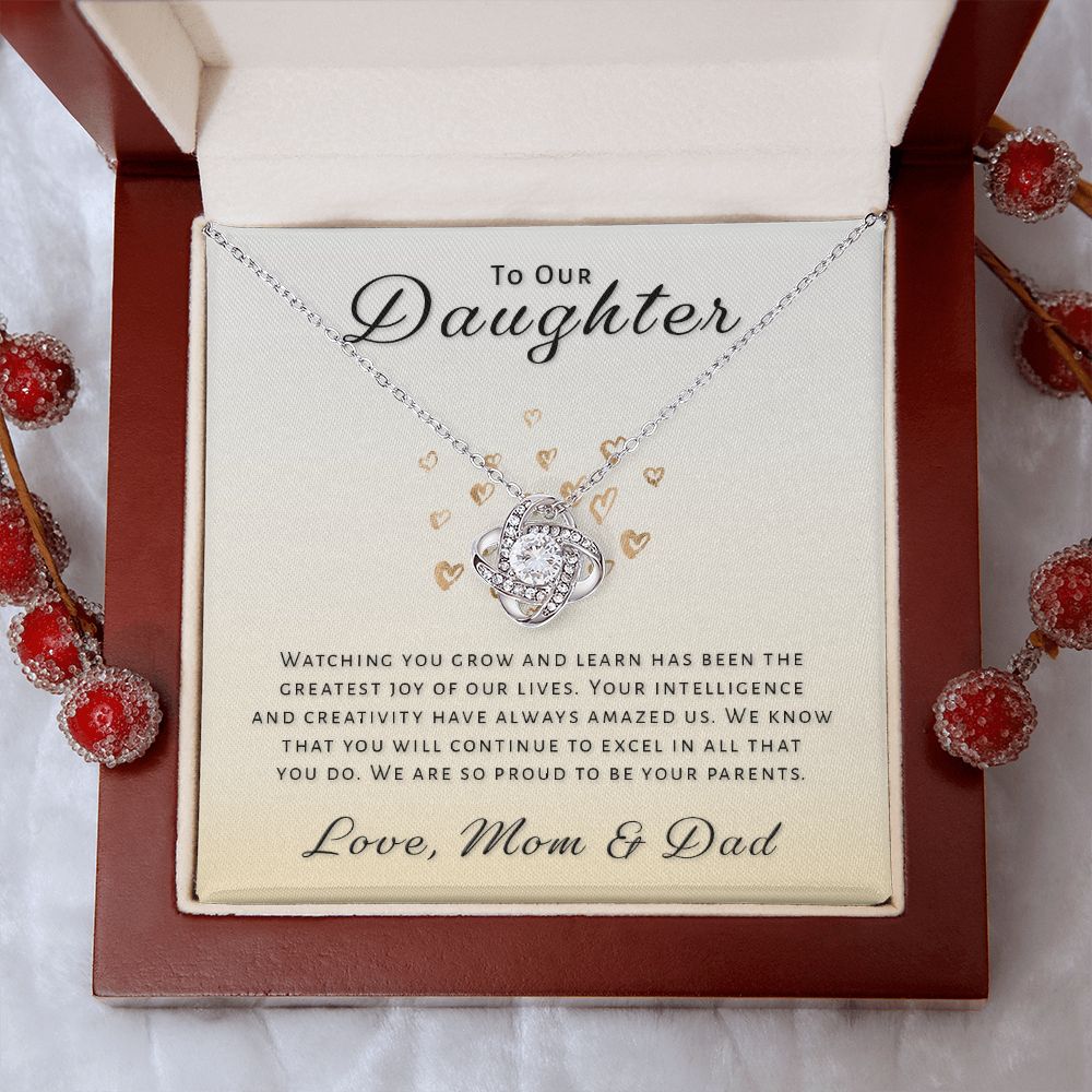 Gift for Daughter From Mom & Dad - Greatest Joy Love Knot Necklace