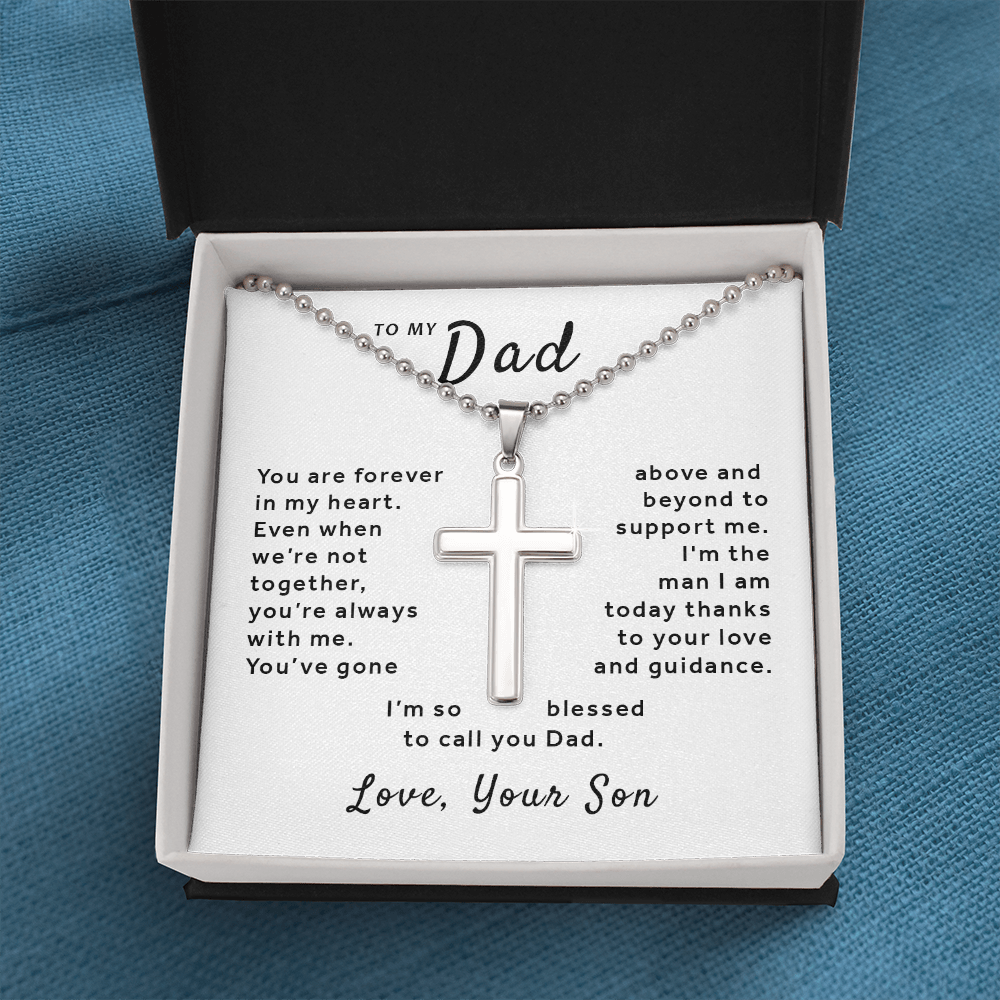 Gift For Dad From Son - So Blessed to Call You Dad Stainless Cross Necklace Ball Chain