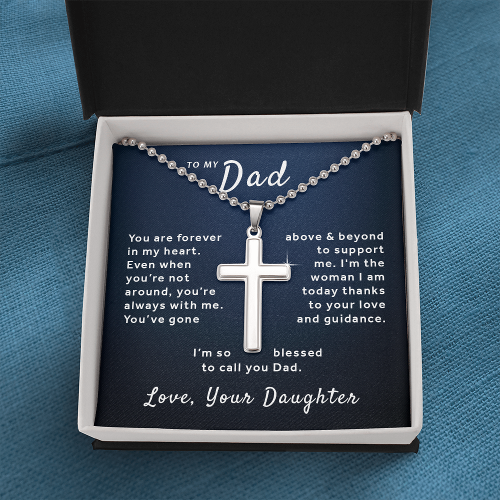 Gift For Dad From Daughter - Blessed to Call You Dad Stainless Cross Necklace Ball Chain Blue