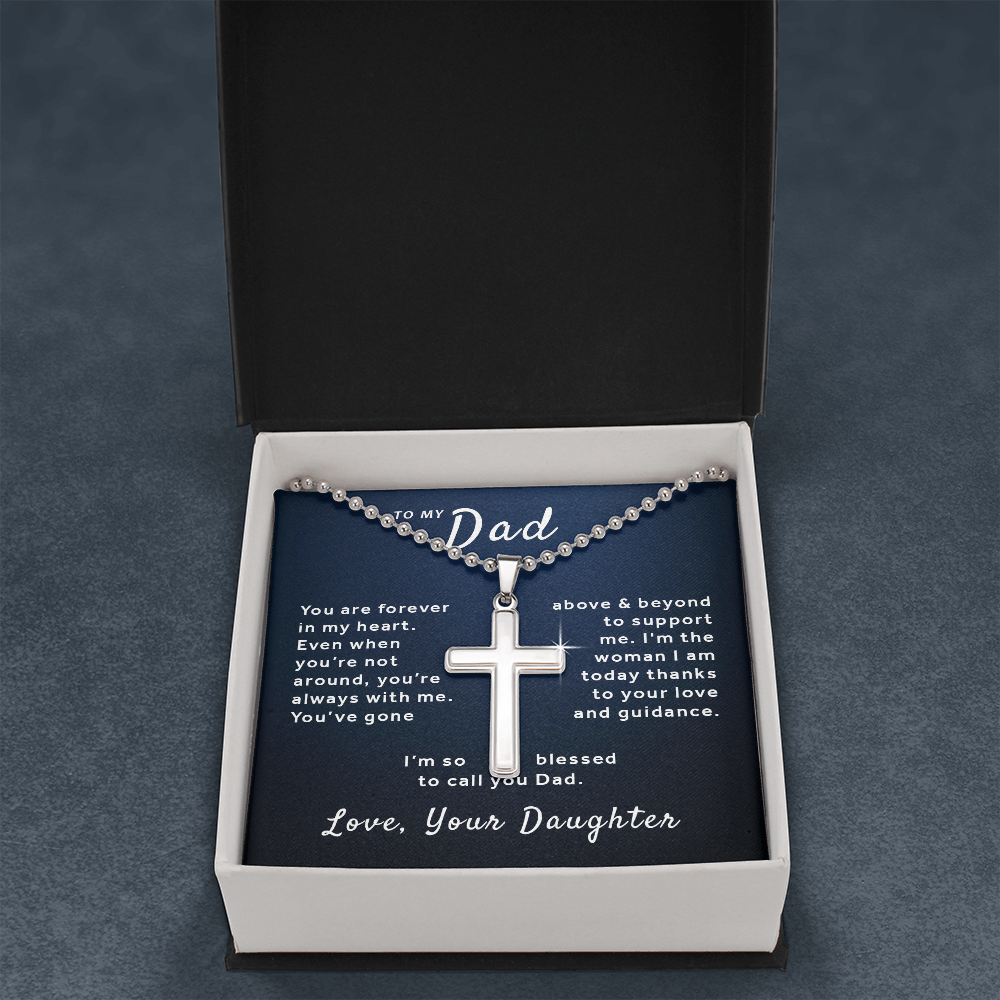 Gift For Dad From Daughter - Blessed to Call You Dad Stainless Cross Necklace Ball Chain Blue