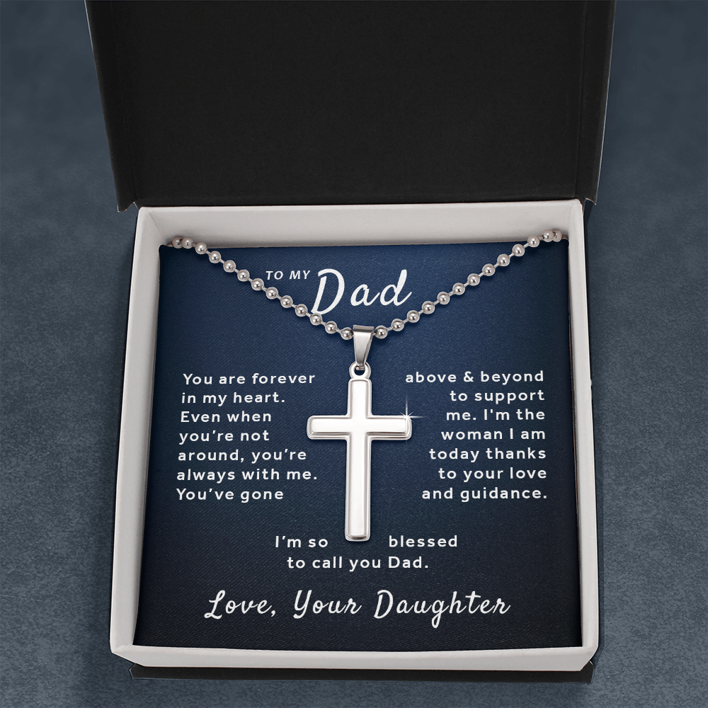 Gift For Dad From Daughter - Blessed to Call You Dad Stainless Cross Necklace Ball Chain Blue