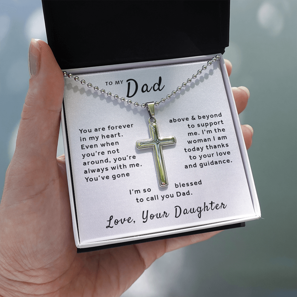 Gift For Dad From Daughter - Blessed to Call You Dad Stainless Cross Necklace Ball Chain