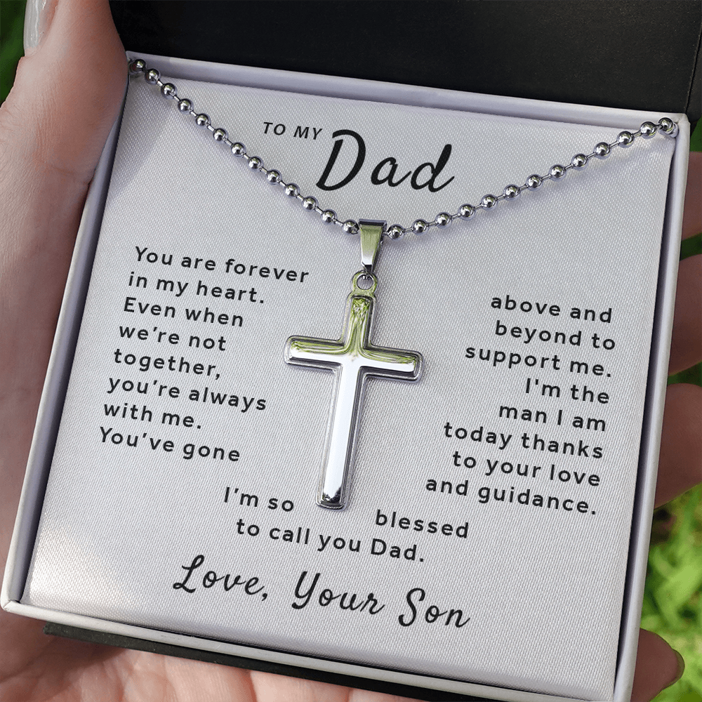 Gift For Dad From Son - So Blessed to Call You Dad Stainless Cross Necklace Ball Chain