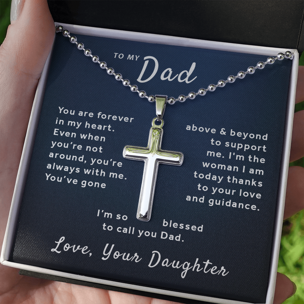 Gift For Dad From Daughter - Blessed to Call You Dad Stainless Cross Necklace Ball Chain Blue