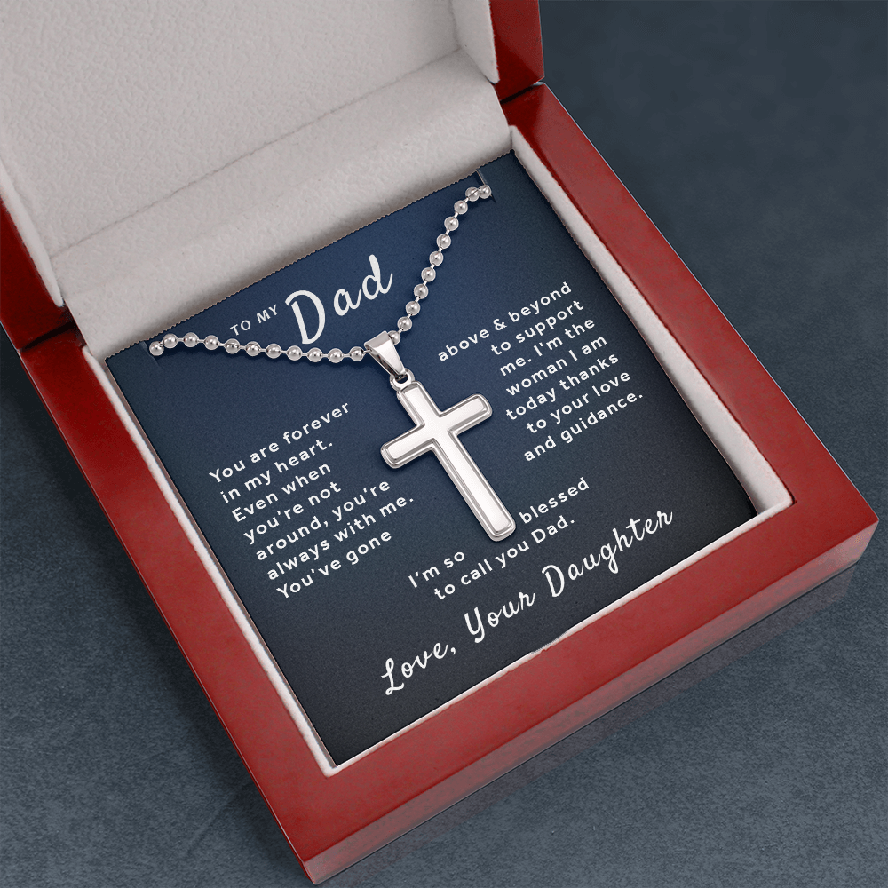 Gift For Dad From Daughter - Blessed to Call You Dad Stainless Cross Necklace Ball Chain Blue