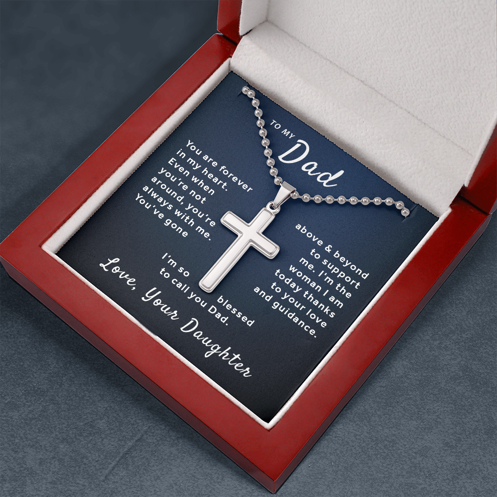 Gift For Dad From Daughter - Blessed to Call You Dad Stainless Cross Necklace Ball Chain Blue