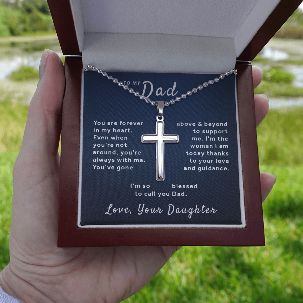 Gift For Dad From Daughter - Blessed to Call You Dad Stainless Cross Necklace Ball Chain Blue