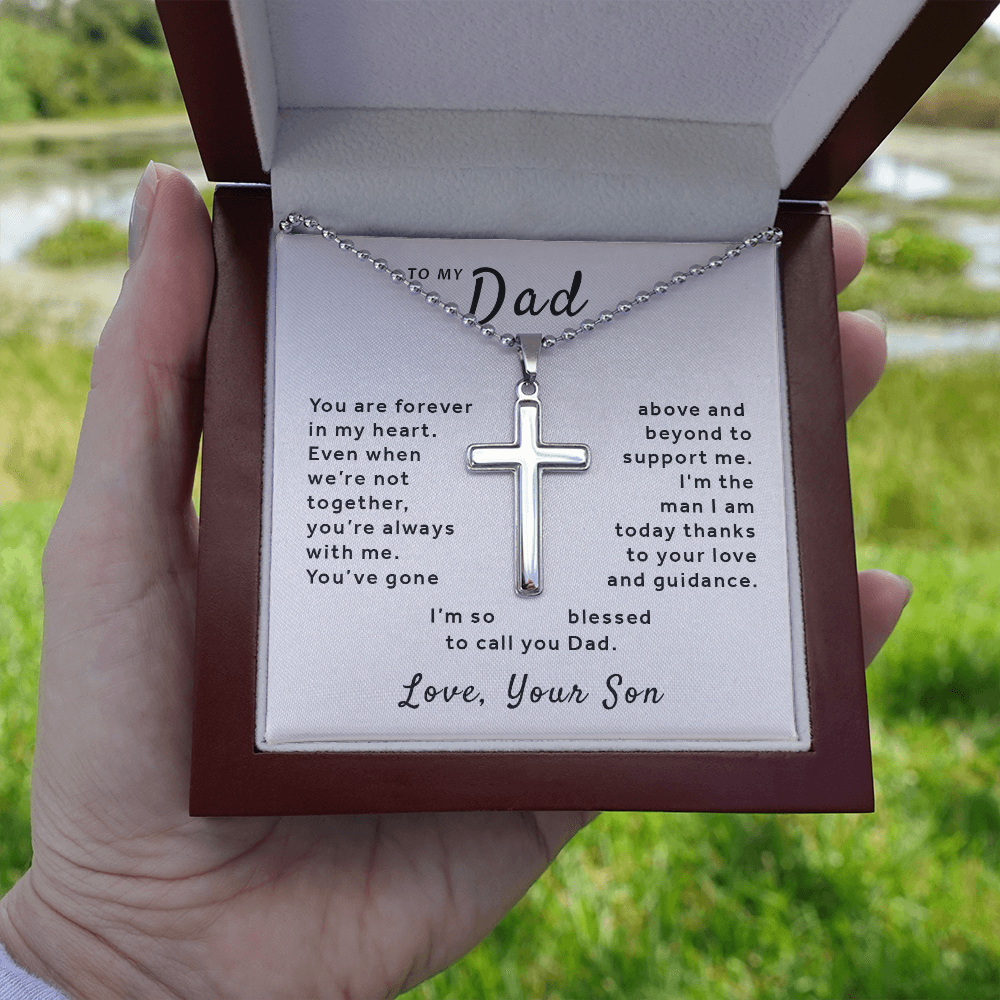 Gift For Dad From Son - So Blessed to Call You Dad Stainless Cross Necklace Ball Chain