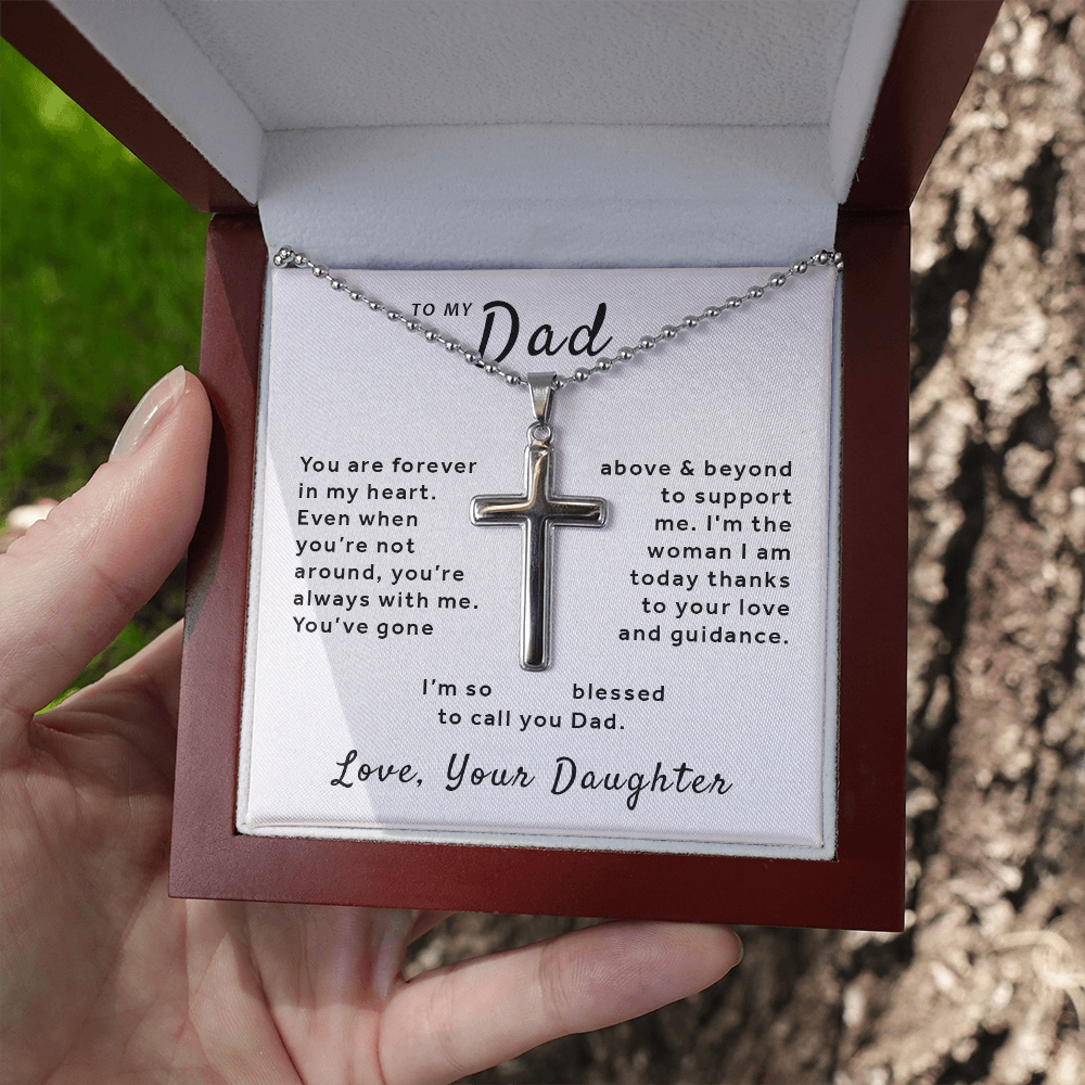 Gift For Dad From Daughter - Blessed to Call You Dad Stainless Cross Necklace Ball Chain