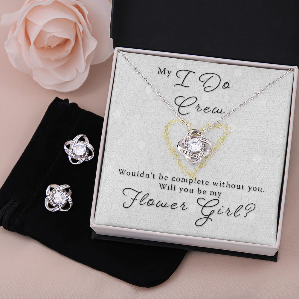 Flower Girl Proposal Gift - I Do Crew Love Knot Necklace & Earring Set