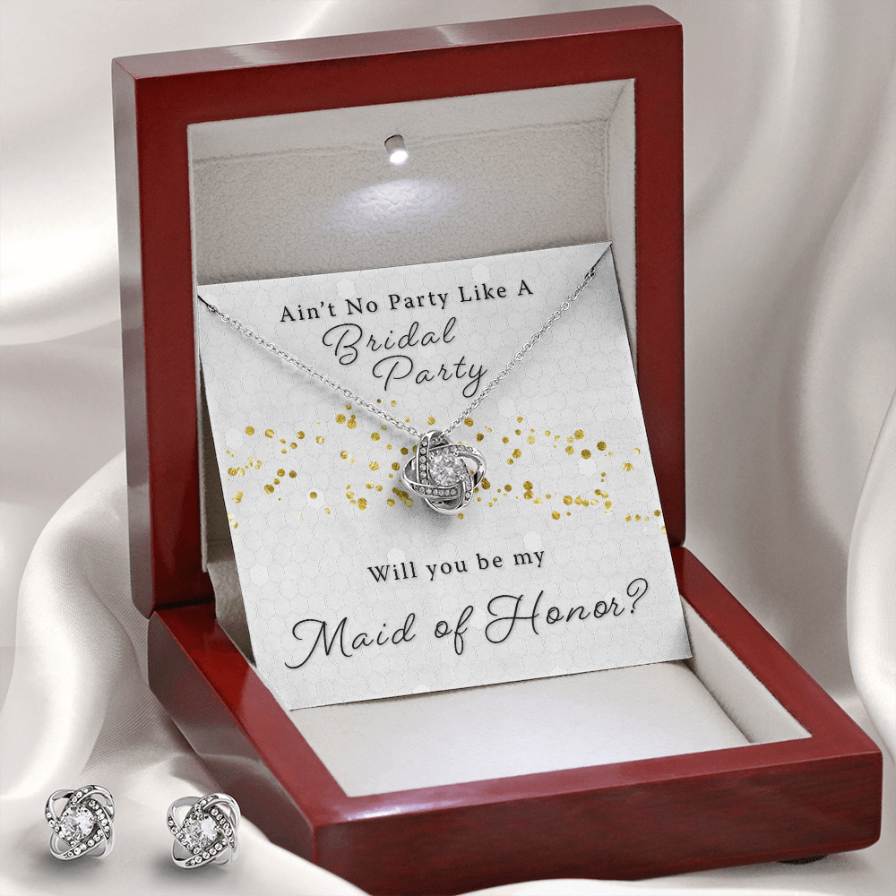 Maid of Honor Proposal Gift - Bridal Party Love Knot Necklace & Earring Set