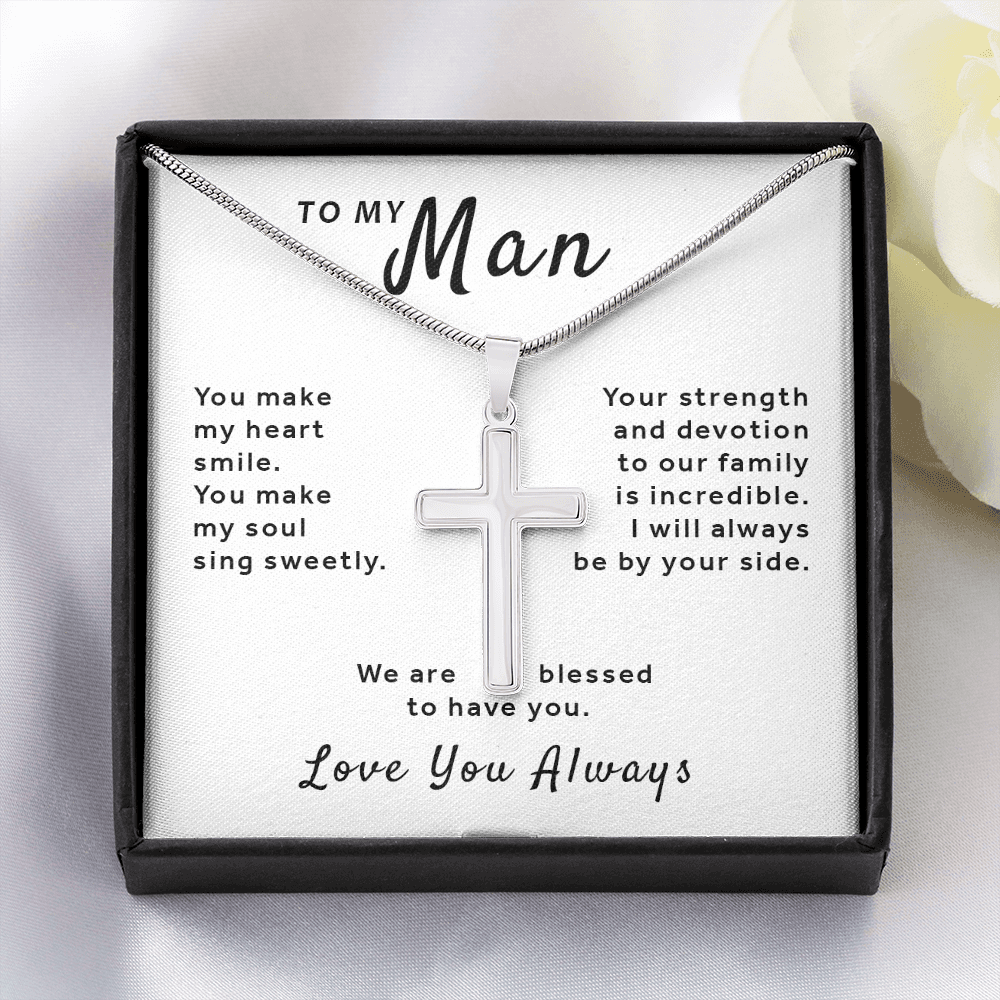 Gift For My Man - Make My Heart Smile Stainless Cross Necklace with Snake Chain