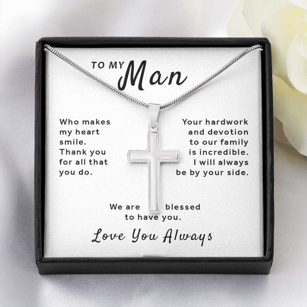 Gift For My Man - Makes My Heart Smile Stainless Cross Necklace with Snake Chain