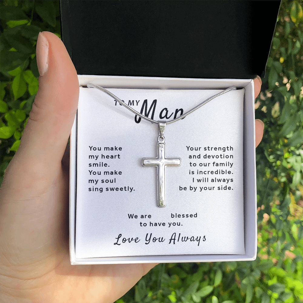 Gift For My Man - Make My Heart Smile Stainless Cross Necklace with Snake Chain