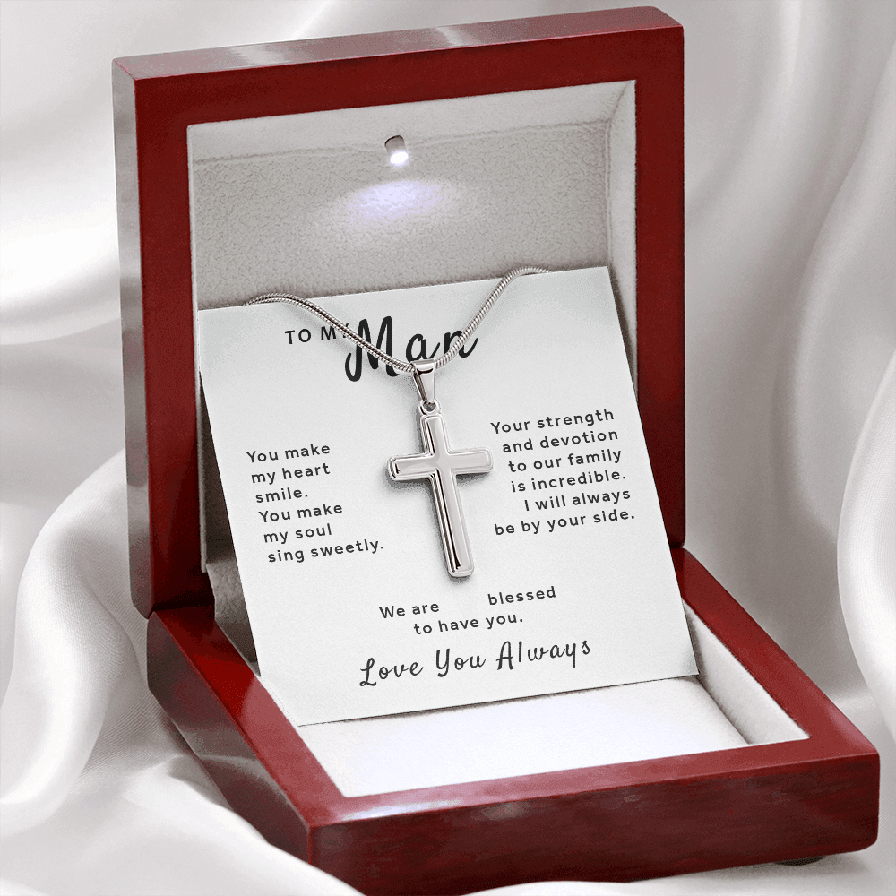 Gift For My Man - Make My Heart Smile Stainless Cross Necklace with Snake Chain